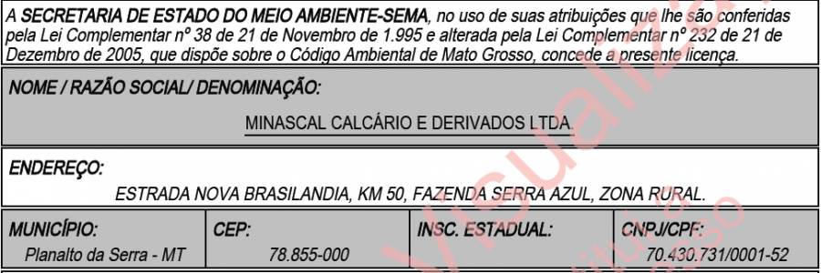 LI – Minascal Calcário e Derivados Ltda