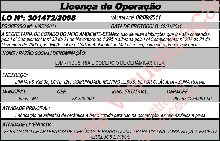 LO – LJM – Indústria e Comércio de Cerâmicas Ltda