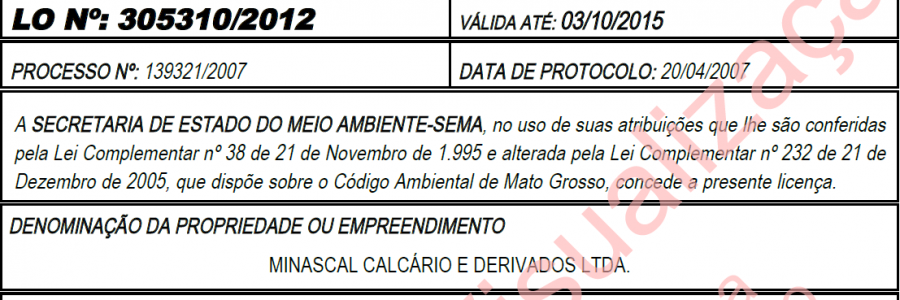 LO – Minascal Calcário e Derivados Ltda