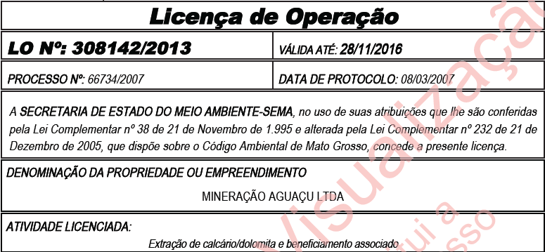 LO – Mineração Aguaçu Ltda